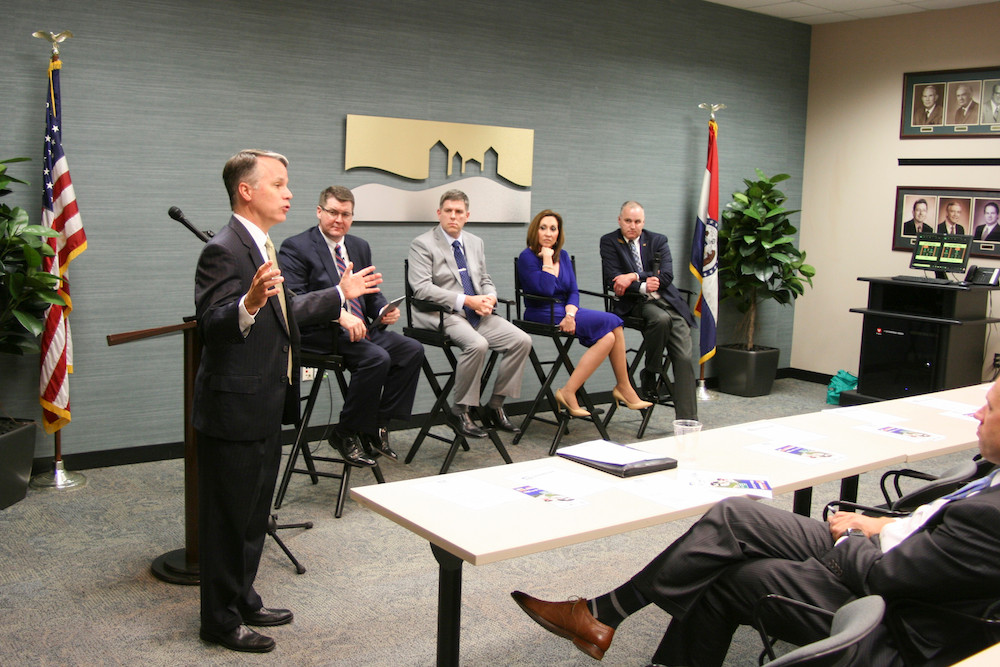 Missouri Department of Transportation Director Patrick McKenna fields a question at a chamber event in support of Prop D. The panel discussion included chamber President Matt Morrow, Dan Kleinsorge with SaferMo.com, Mary Beth Hartman with Hunter Chase & Associates Inc. and state Rep. Kevin Corlew.